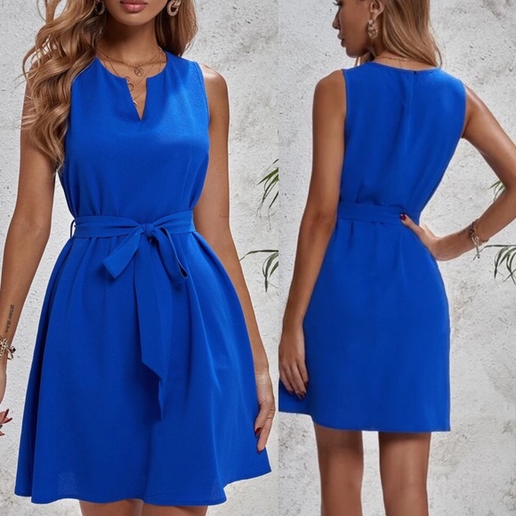 Notched v neck sleeveless belted tunic dress black - Picture 2 of 4